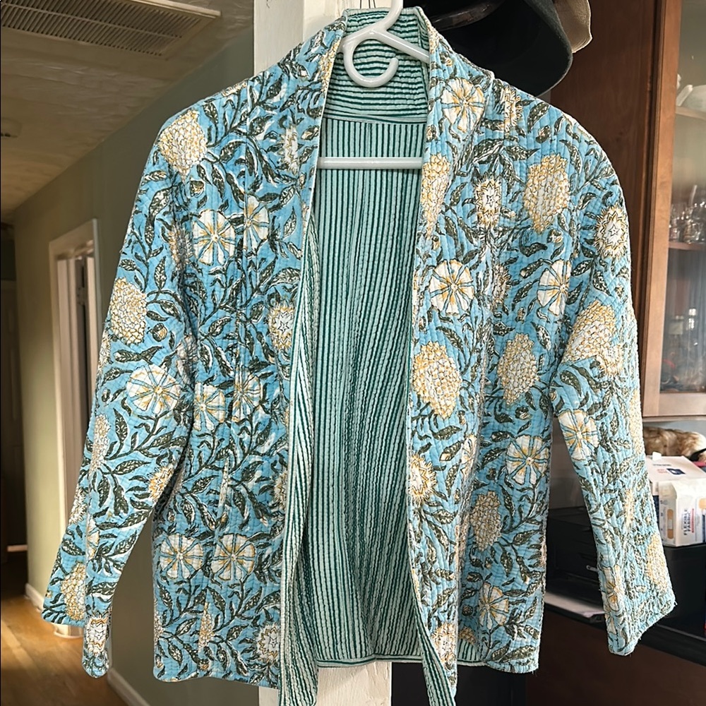Floral Kantha Quilted Jacket in Blue and White